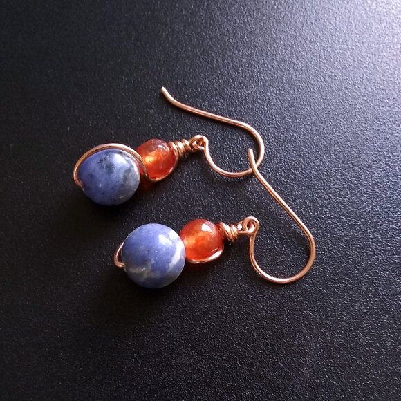 Denim Days Earrings: Sodalite, Fiery Agate & Copper Wire Wrap @ OOAK Fall Combo - Picture 7 of 11
